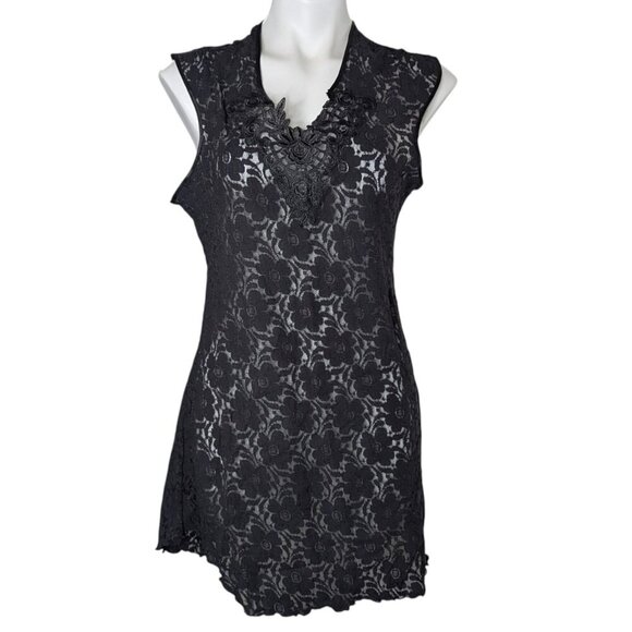 VTG Black Floral Lace Sheer V Neck Slip Dress - Picture 1 of 10